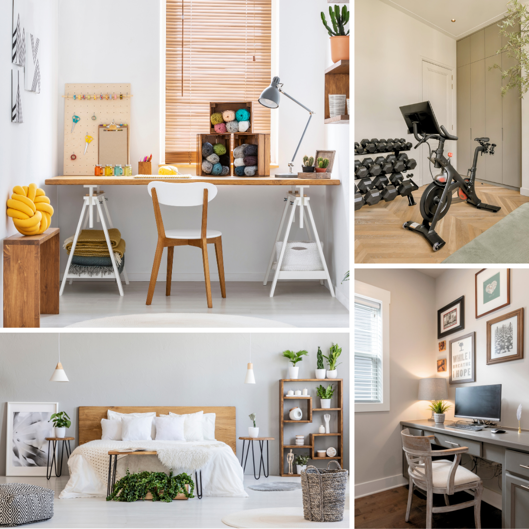 This is a collage of four images. They are: hobby room with different DIY tools and gadgets; home gym room with a bike; guest bedroom with a double or king size bed; home office/study room with a PC and decorations.