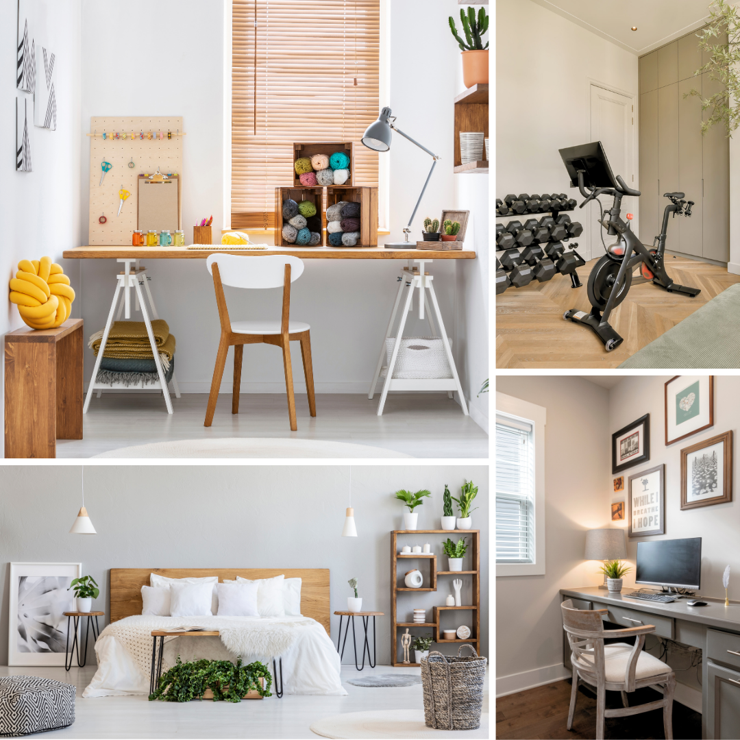 This is a collage of four images representing the four spare room ideas in the article. The top left is a hobby room. The top right is a home gym room. Bottom left is a guest bedroom. Bottom right is a home office/study.