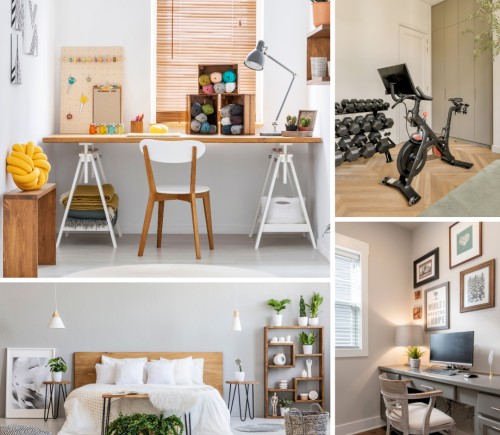 This is a collage of four images representing the four spare room ideas in the article. The top left is a hobby room. The top right is a home gym room. Bottom left is a guest bedroom. Bottom right is a home office/study.